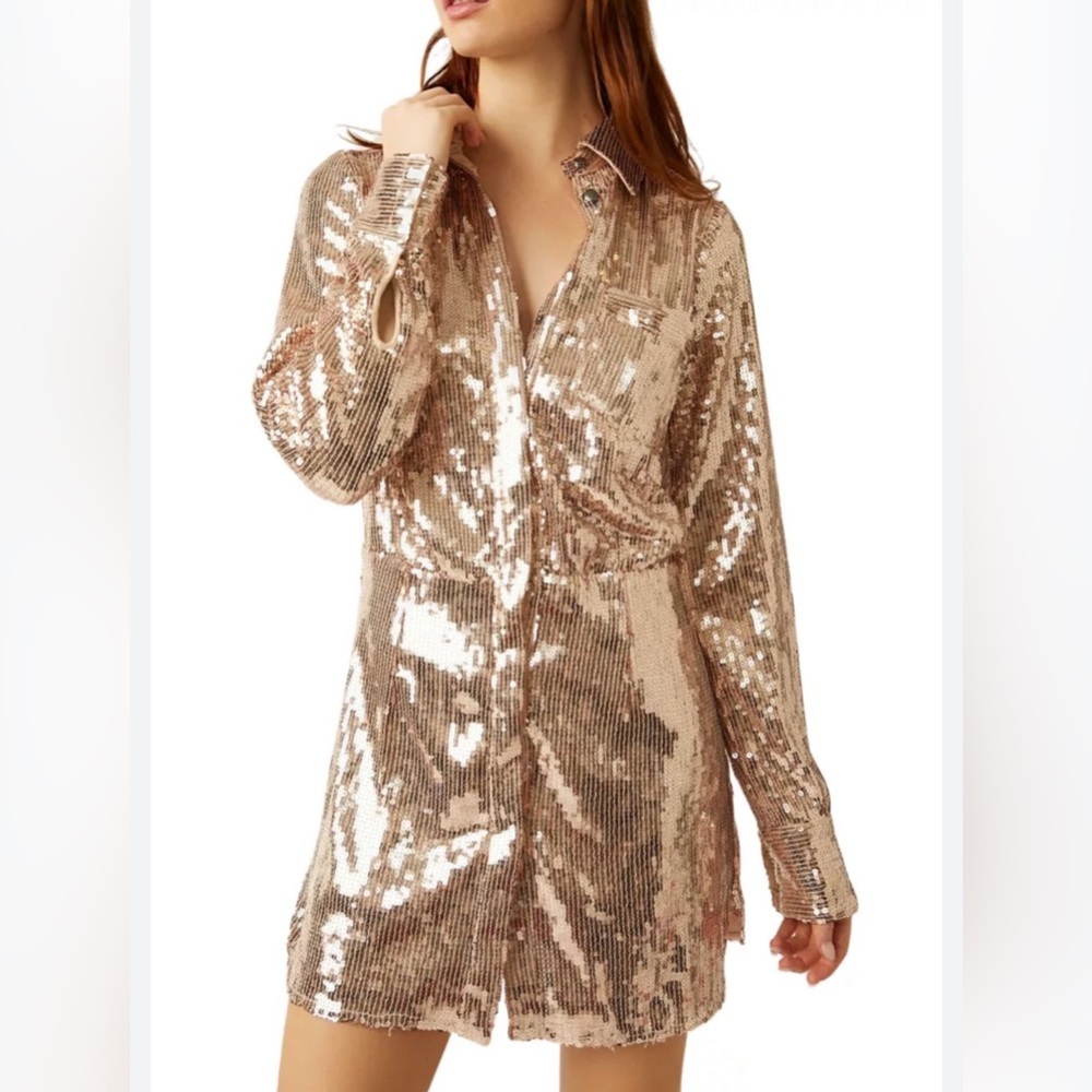 Free People Sophie Sequin Mini Shirt Dress "Champagne" Size S